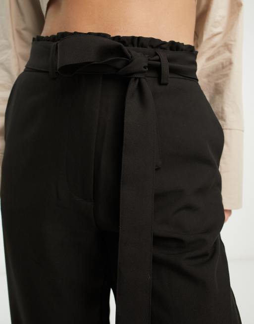 Pieces Tall paperbag waist straight trousers in black