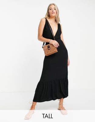 plunge neck midi dress in black