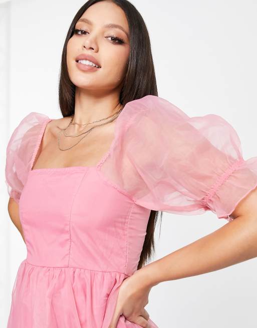 Pieces Tall Premium puff sleeve organza mini dress in pink, 4 of 4