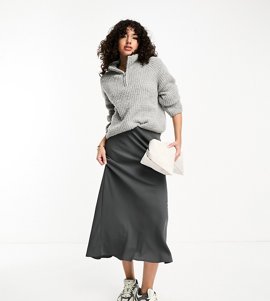 Pieces Tall Satin Midi Skirt In Gray