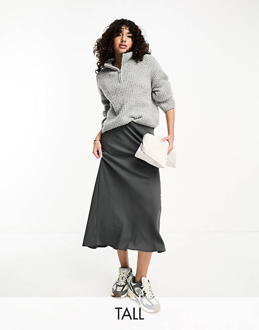 Pieces Tall satin midi skirt in grey | ASOS