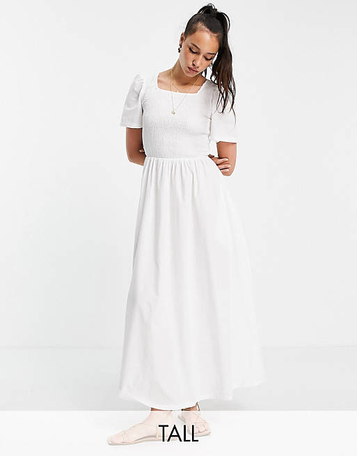 Pieces Tall cotton shirred maxi tea dress in white - WHITE
