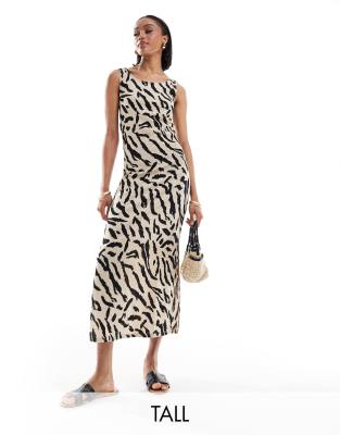 Pieces Tall - Strukturiertes Jersey-Maxikleid in Beige mit U-Ausschnitt und Animalprint-Neutral