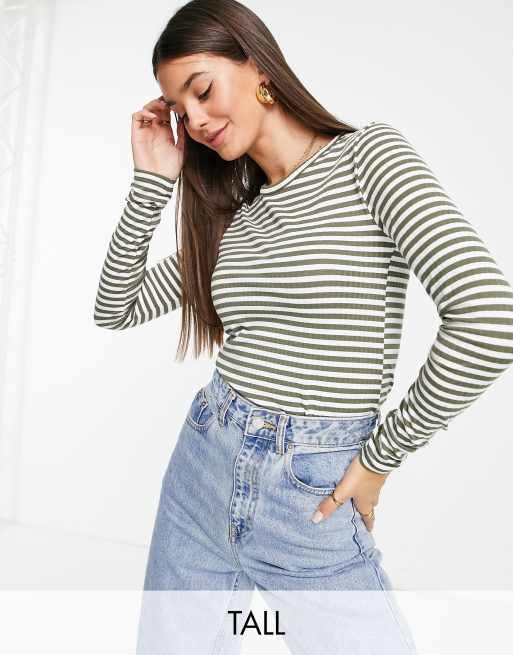 Pieces Tall - T-shirt a maniche lunghe kaki a righe
