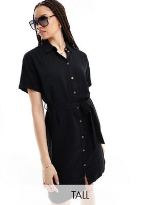 Pieces Tall tie waist linen mini shirt dress in black