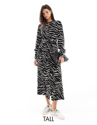 Pieces Tall tie waist midi shirt dress in black & white zebra print-Multi