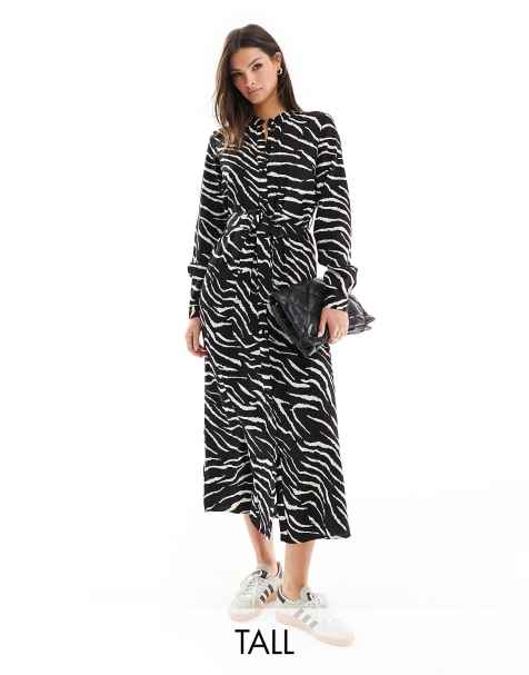 Pieces Tall tie waist midi shirt dress in black & white zebra print - view 1