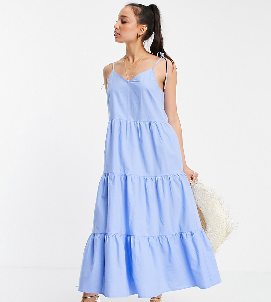 Pieces Tall tiered cami midi dress in blue