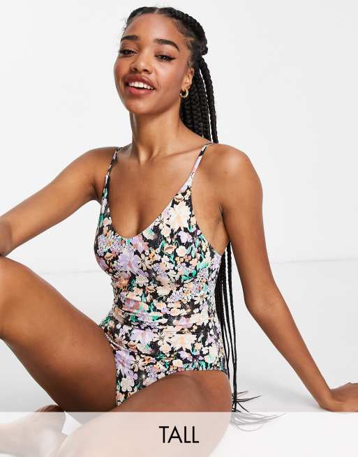 Black V Neck Bodysuit with Floral Design