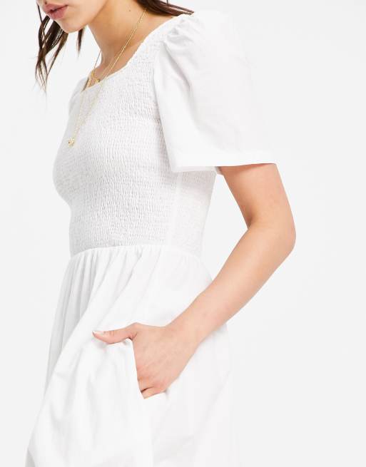 Pieces Tall - Vestito da giorno lungo in cotone arricciato bianco - WHITE, 3 di 4