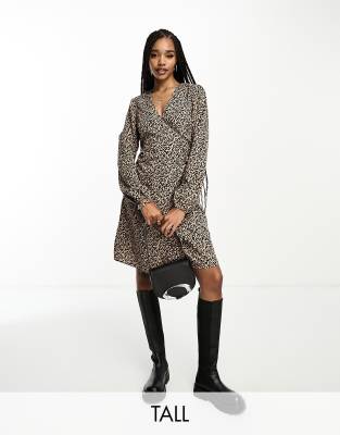 Pieces Tall Wrap Mini Dress In Leopard Print-multi