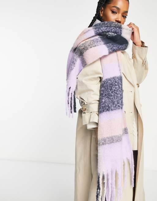 Pieces tassel detail scarf in lilac & grey check | ASOS