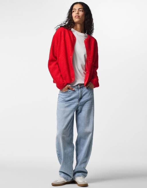 Pieces Teddy jacket in flame scarlet, 3 of 7