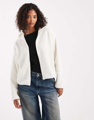 Pieces - Teddyjacke in Weiß mit Kapuze