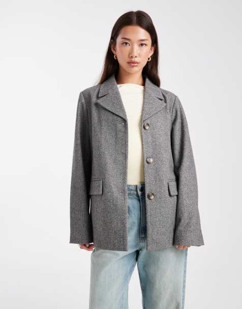 Pieces oversized textured blazer in black melange