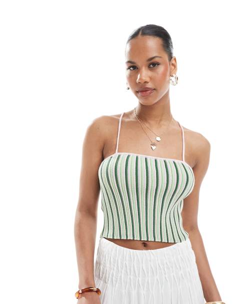 Pieces textured knit cropped top with cami straps in green stripe