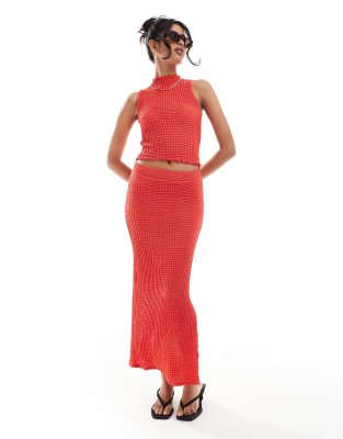textured ankle length skirt in red - part of a set