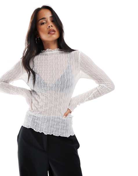 Pieces textured boat neck top with lettuce edge in white - view 1