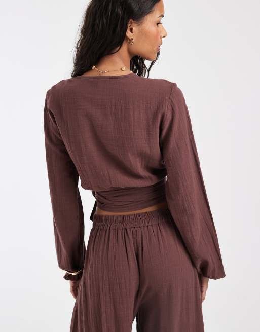 PIECES textured cotton long sleeve tie front top in deep mahogany brown - part of a set, 4 of 4