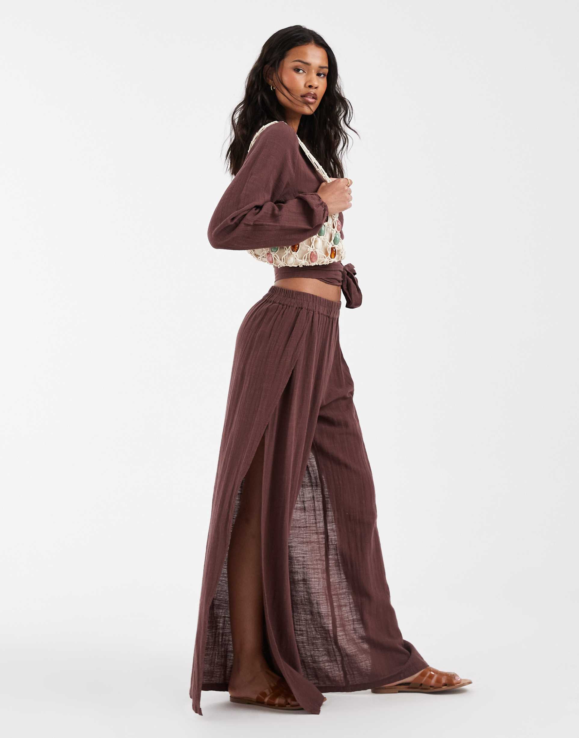 pieces textured cotton wide slit leg pants in deep mahogany brown - part of a set