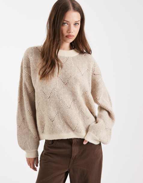 Pieces textured detail knit jumper in contrast beige and cream - view 1