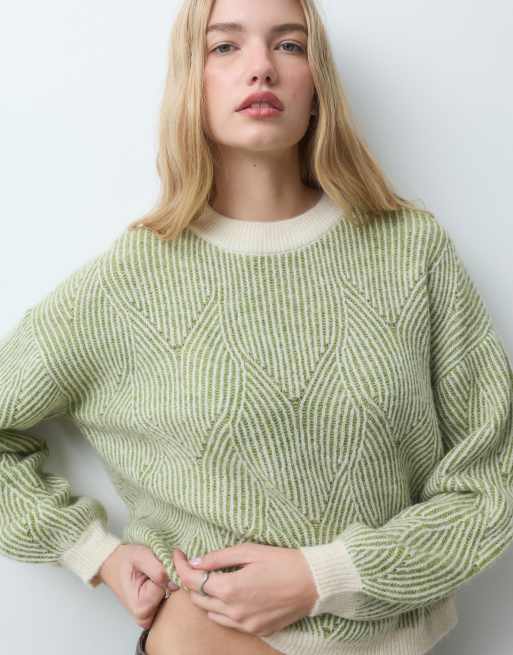 Pieces textured detail knit jumper in contrast green and cream, 2 of 4