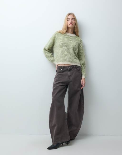 Pieces textured detail knit jumper in contrast green and cream, 3 of 4