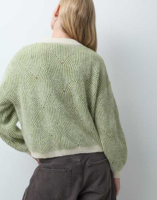 Pieces textured detail knit jumper in contrast green and cream, 4 of 4