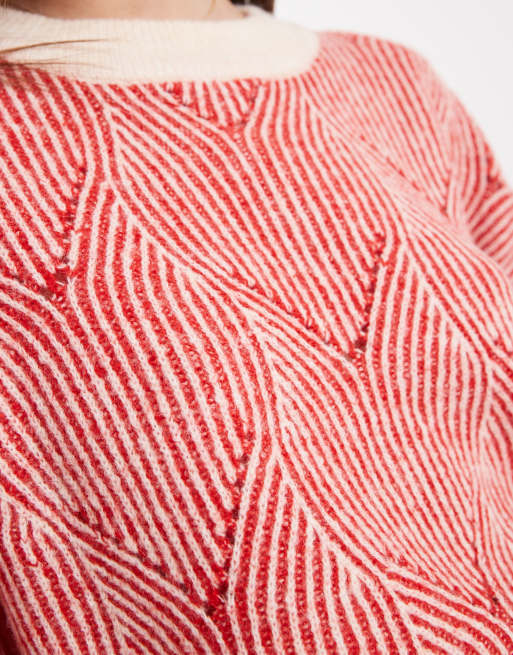 Pieces textured detail knit jumper in contrast red and cream, 2 of 4