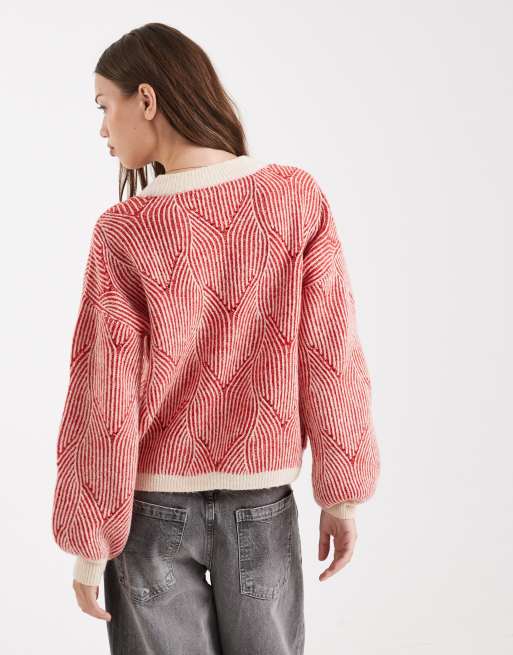 Pieces textured detail knit jumper in contrast red and cream, 4 of 4