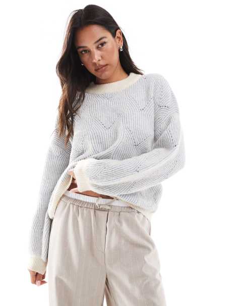 Pieces textured detail knit jumper in contrast soft blue and cream - view 1