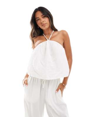 textured halterneck smock top in white-Black