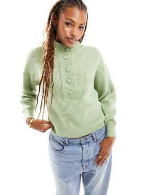 Pieces textured high neck button detail jumper in sage