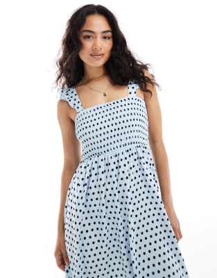 textured jersey frill strap maxi dress in blue spot print