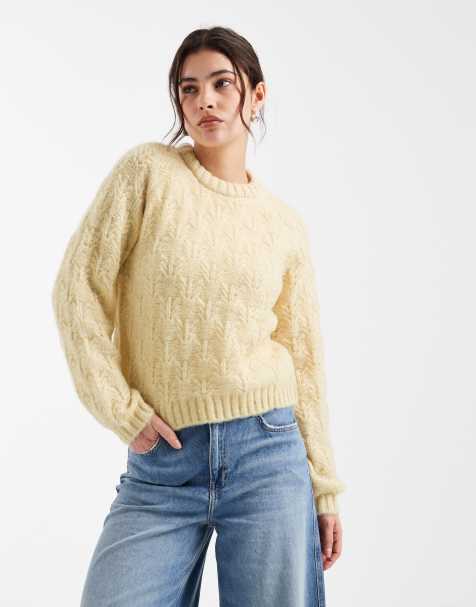 Pieces textured knit jumper in pale yellow 