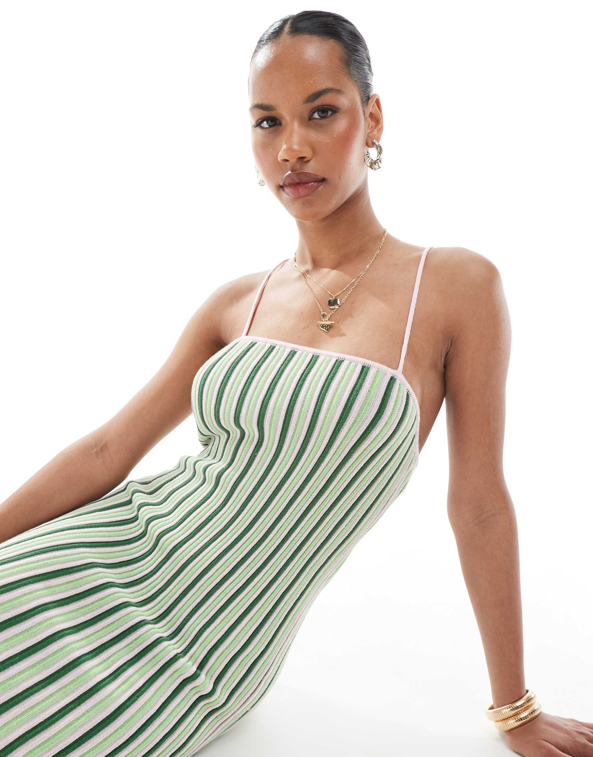 pieces textured knit mini dress with cami straps in green stripes