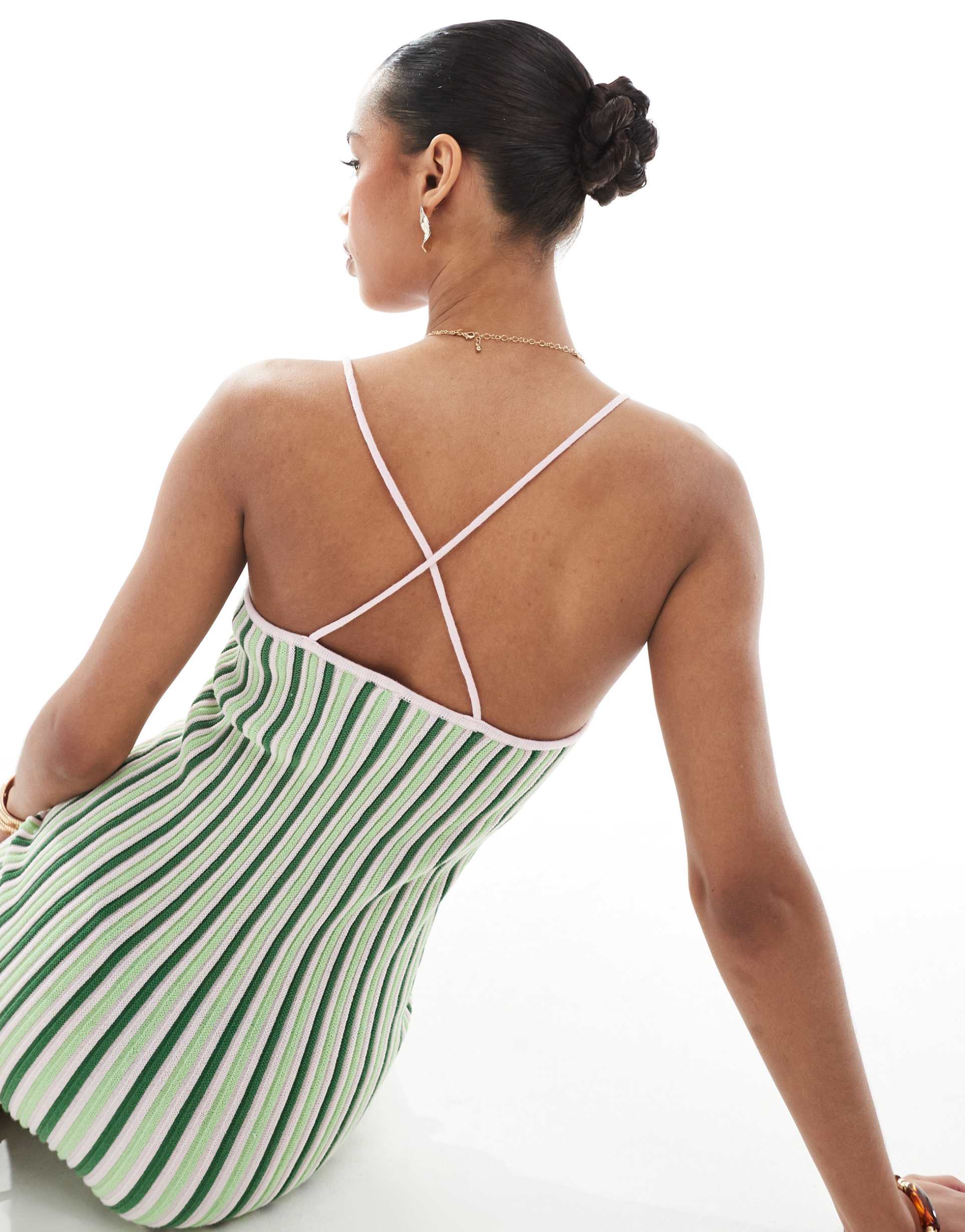 pieces textured knit mini dress with cami straps in green stripes