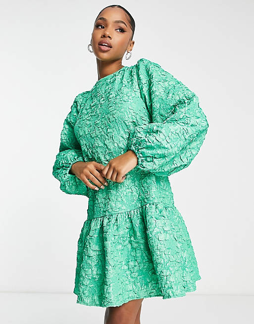 Pieces textured peplum hem open back mini dress in bright green | ASOS