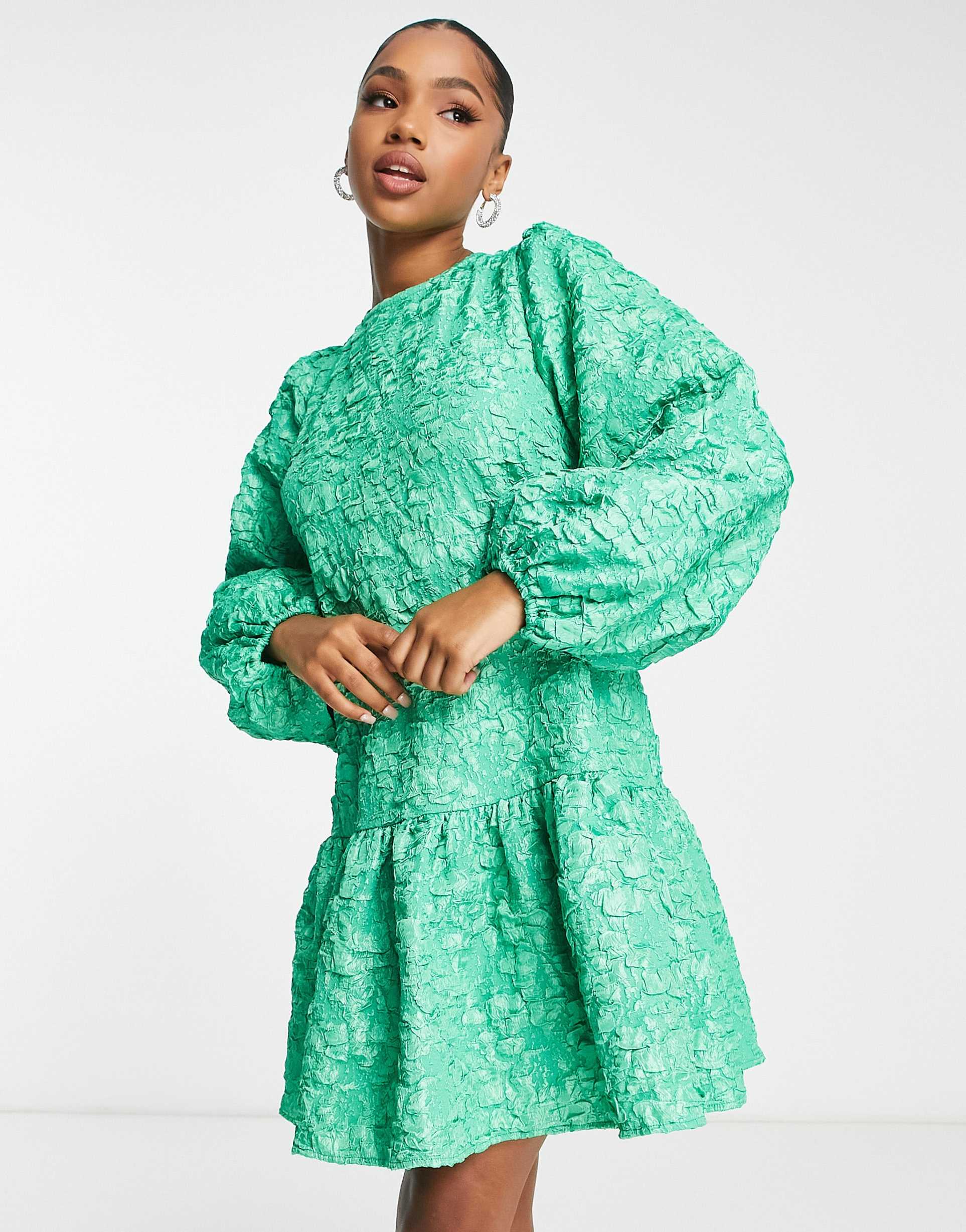 pieces textured peplum hem open back mini dress in bright green