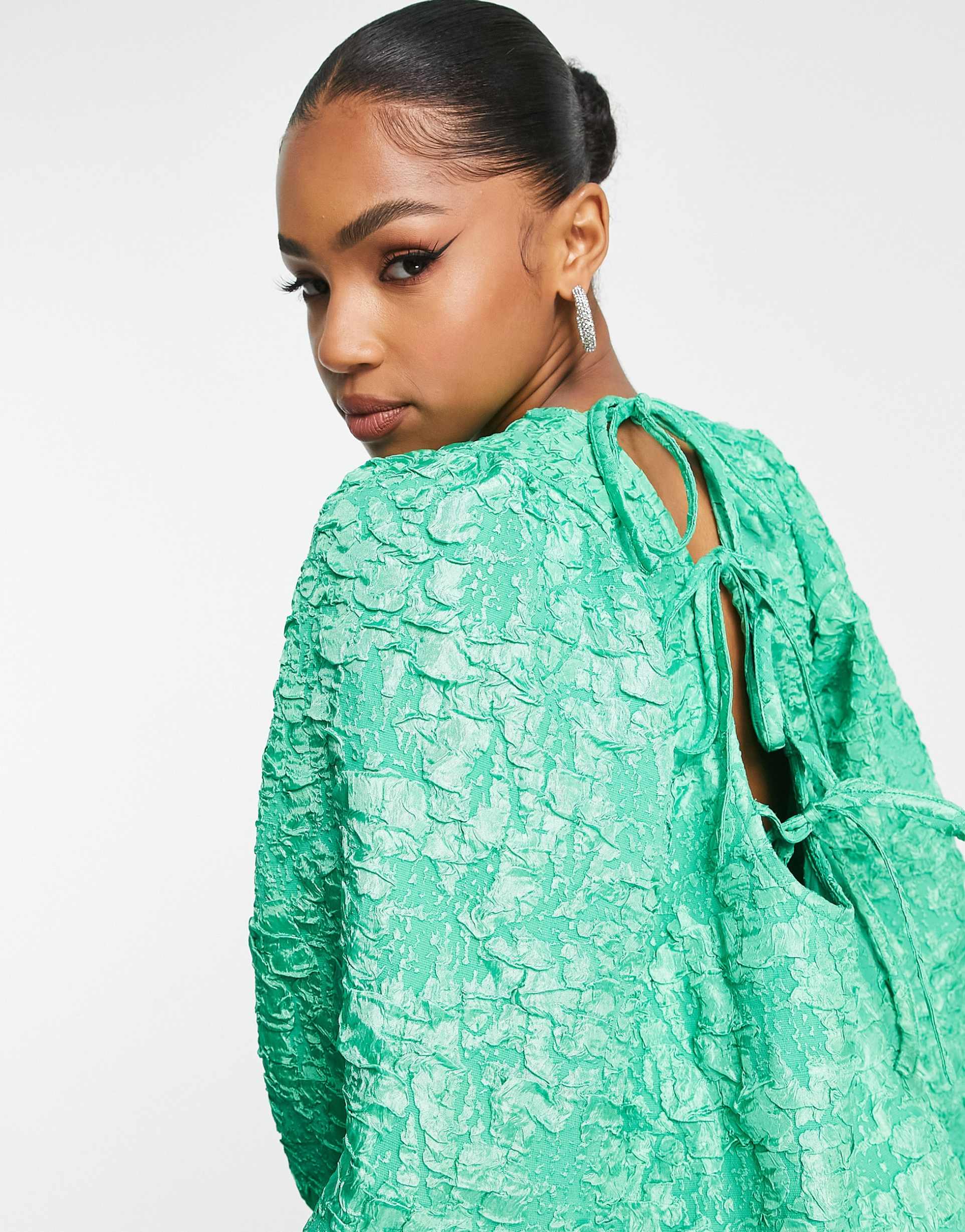pieces textured peplum hem open back mini dress in bright green