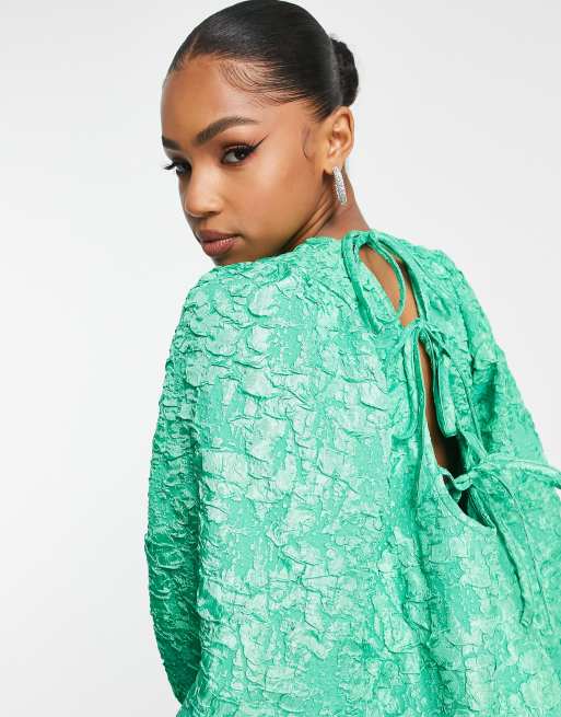 Pieces textured peplum hem open back mini dress in bright green | ASOS