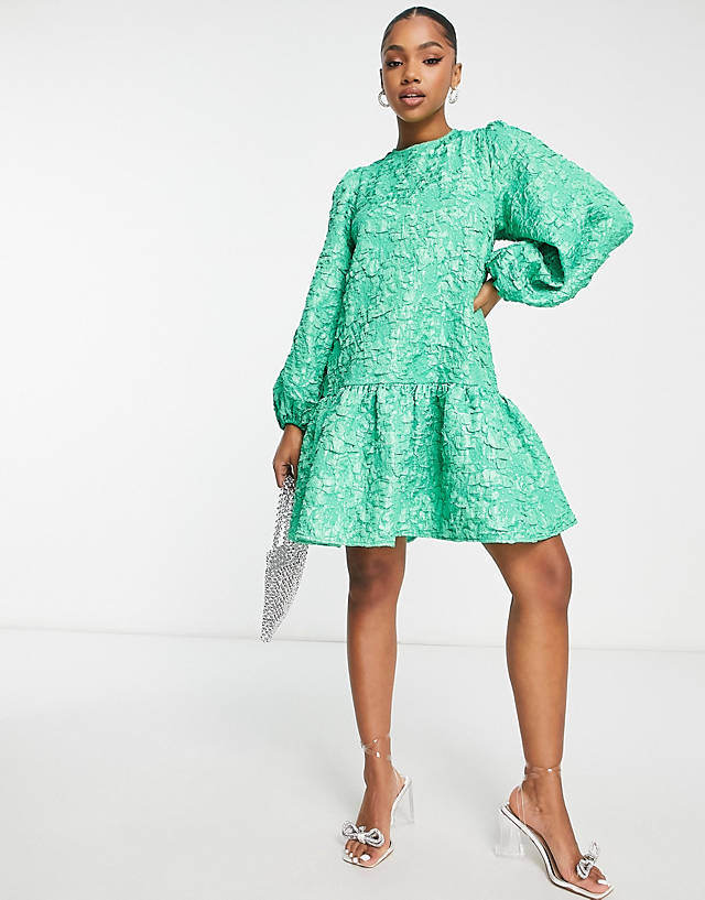 Pieces textured peplum hem open back mini dress in bright green GN9245