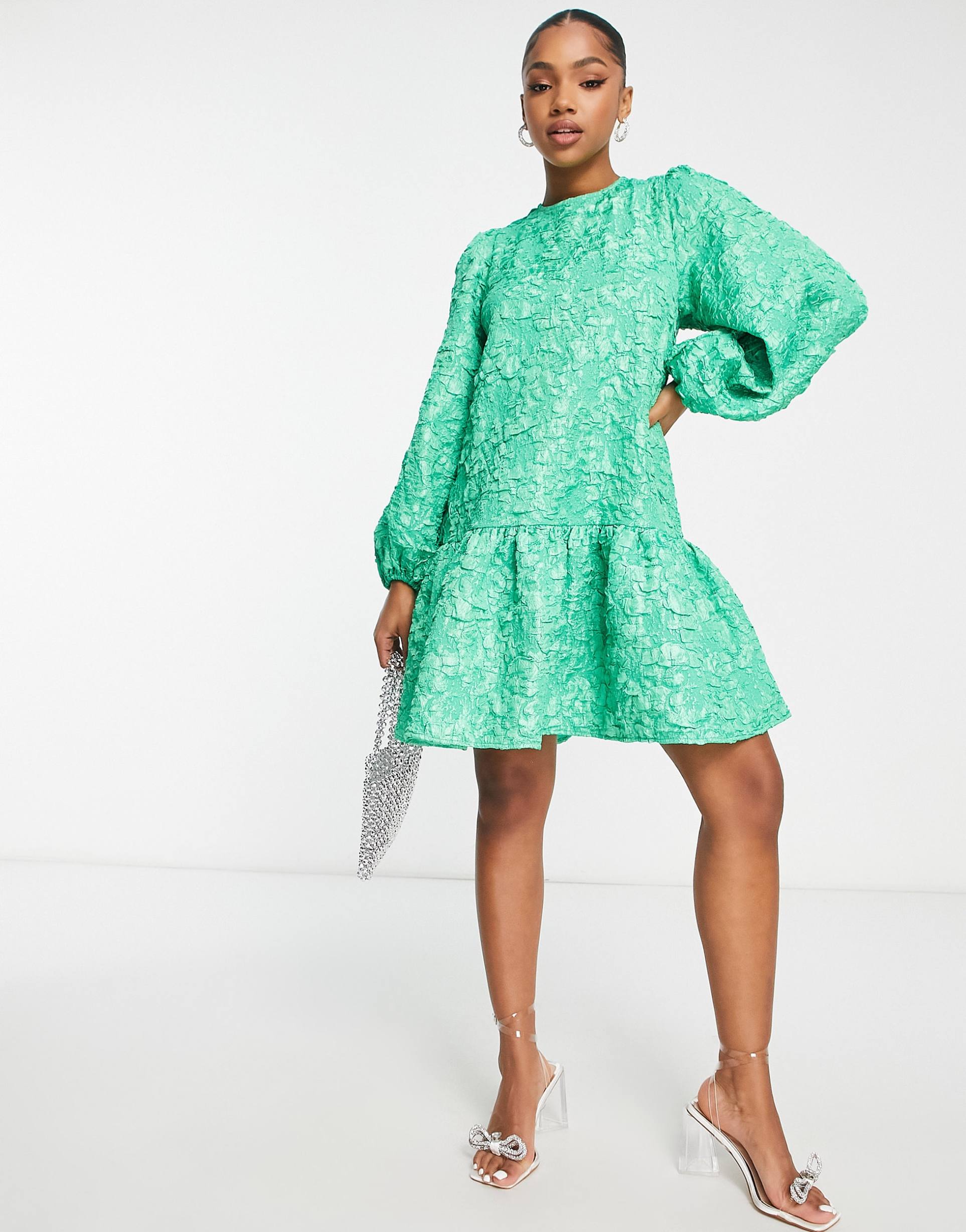 pieces textured peplum hem open back mini dress in bright green