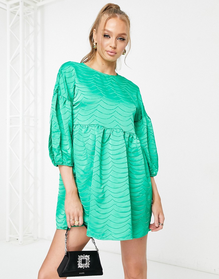 Pieces Textured Puff Sleeve Mini Tie Back Dress In Green