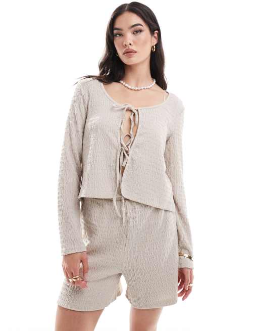 Pieces textured short co-ord in stone, 4 of 5