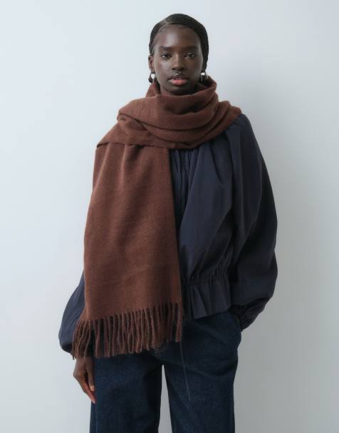 Pieces textured tassel scarf in chocolate brown - view 1