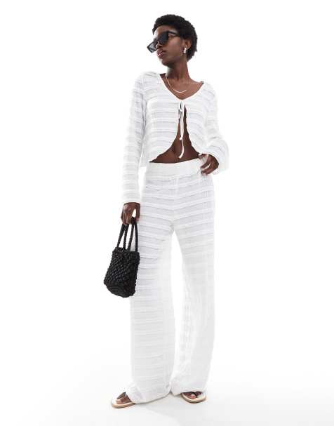 PIECES textured tie-front long sleeve top and wide leg pants set in white - view 1