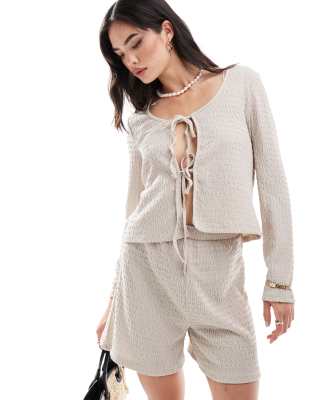 Pieces Pieces textured tie front top co-ord in stone-Neutral