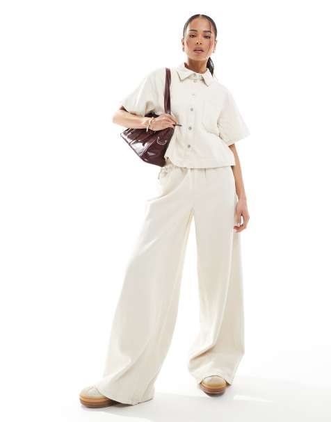 Pieces textured twill shirt and trouser co-ord in cream - view 1