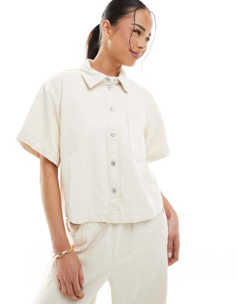 Pieces textured twill short sleeve boxy shirt co-ord in raw cotton cream - view 1